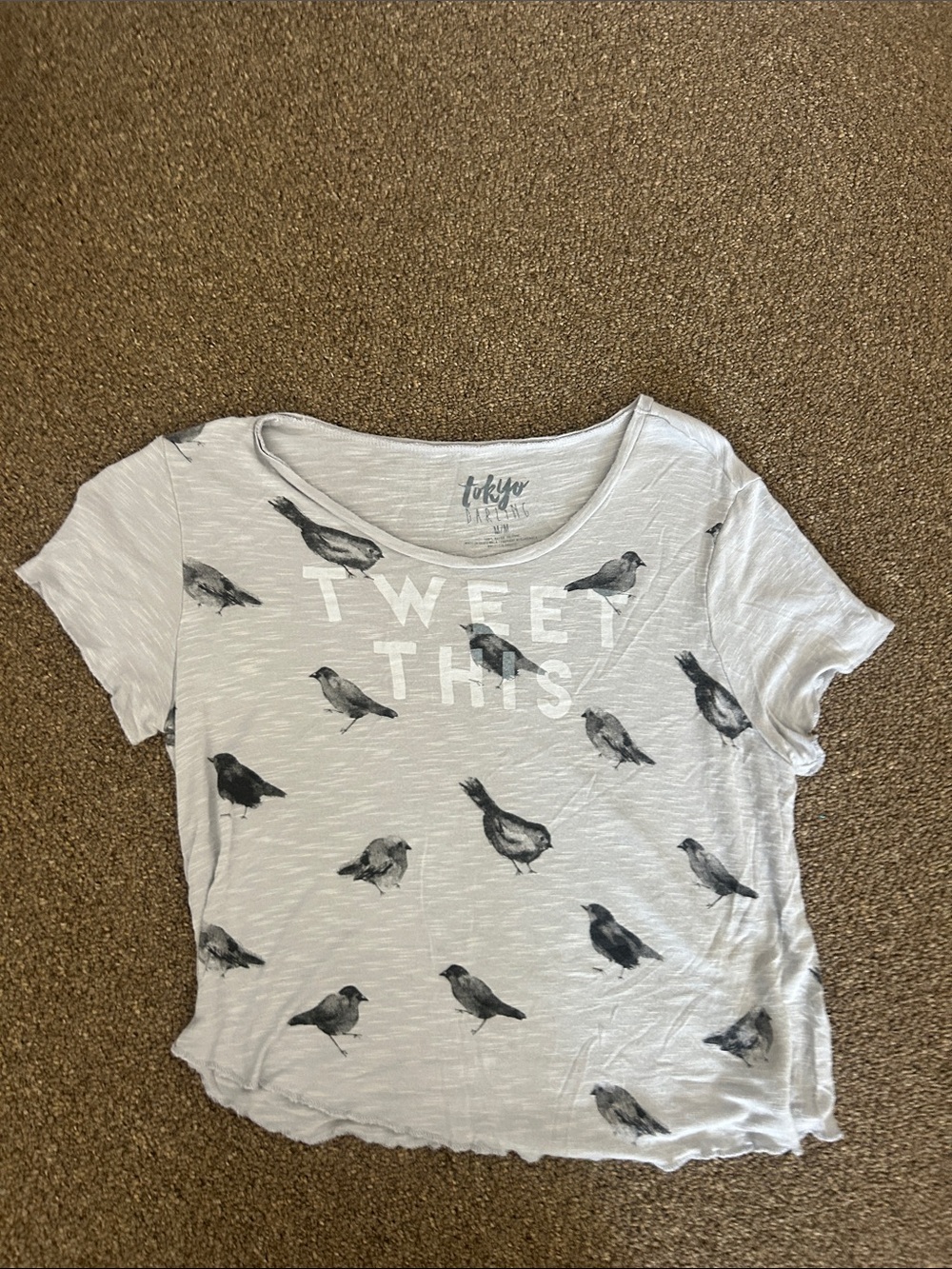 tokyo Darling Light Gray Short-Sleeve Tee with Black Bird Print